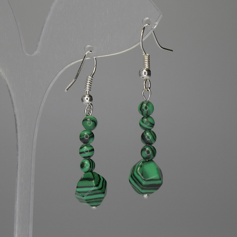 Malachite Earrings - Mult Faceted 8 mm +, smooth bead 4 mm + -, length 46 mm +