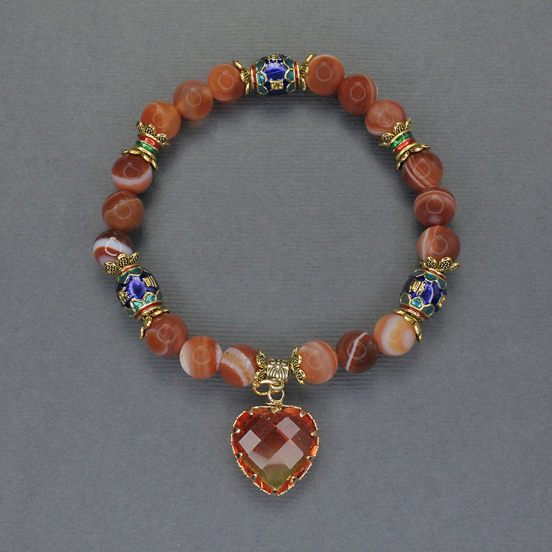 Orange Agate Bracelet with Smooth Round Beads, 8mm ± diameter, Cloisonné 10x8mm ±, length 18cm stretch