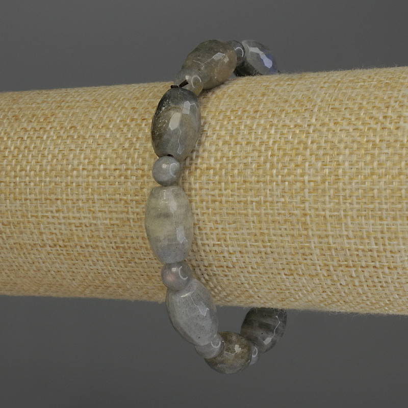 Bracelet Labradorite Faceted Baril (barrel) Shape, 14x10mm+- smooth bead, 6mm+, length 18cm stretch