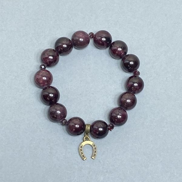 Garnet Bracelet, smooth round beads 12mm diameter, 4mm faceted beads, with metal inlay, length 18cm stretch