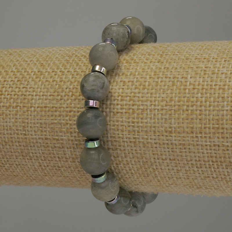 Bracelet Labradorite Smooth Bead, diameter 10mm±, Hematite Rondelle 5x2mm±, length 18cm Stretch