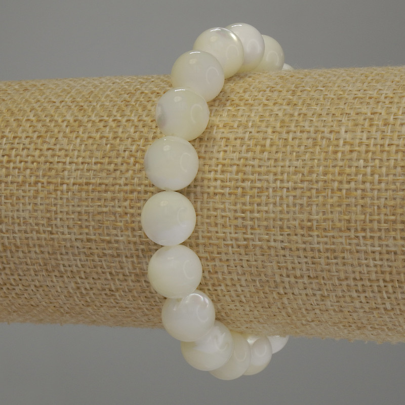 Bracelet Mother-of-P Pearl Smooth Bead, 10mm diameter ±, length 18cm stretch