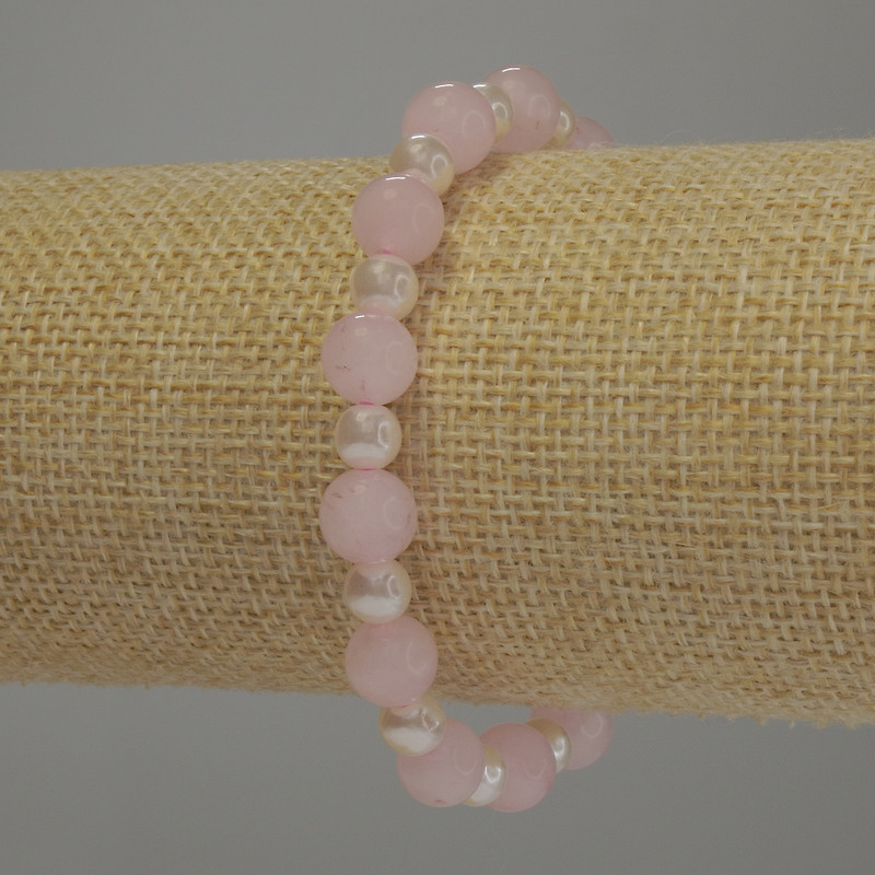 Bracelet Pink Quartz Smooth Beads, 8mm± Diameter + Pearls 6mm±, length 18cm Stretch