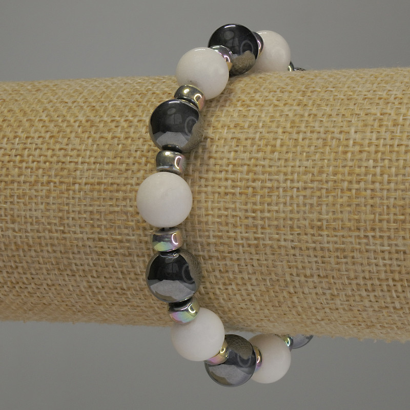 Agate and Hematite Smooth Round Bead Bracelet, diameter 10mm±, rondelle 6x4mm±, length 18cm stretch