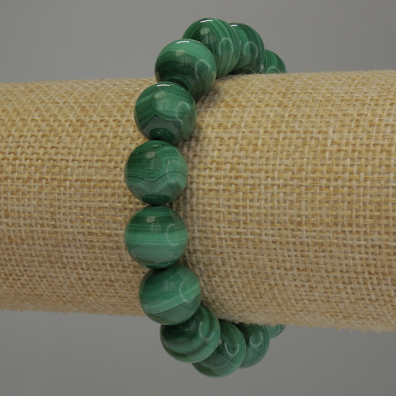 Malachite Bracelet, natural stone, smooth beads 12mm diameter, stretch 18cm