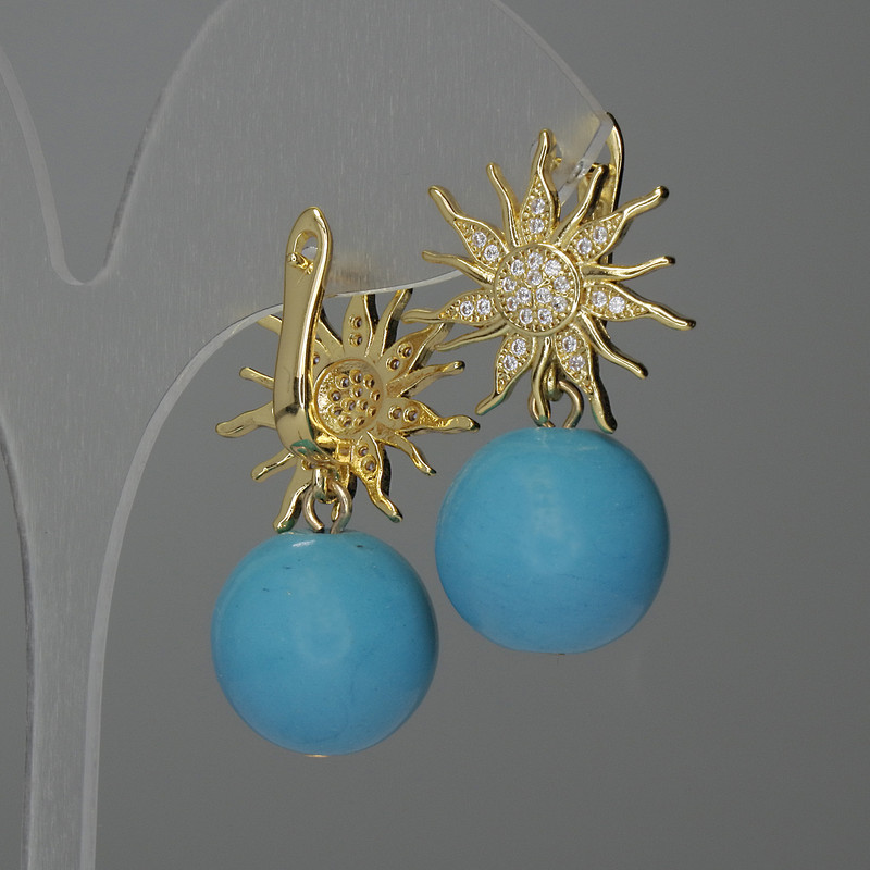 Earrings Turquoise Imitation Bead, 15mm diameter, 24mm length