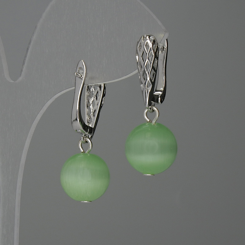 Cat's Eye Bead Earrings 12mm+ Green Color, 31mm+ Length