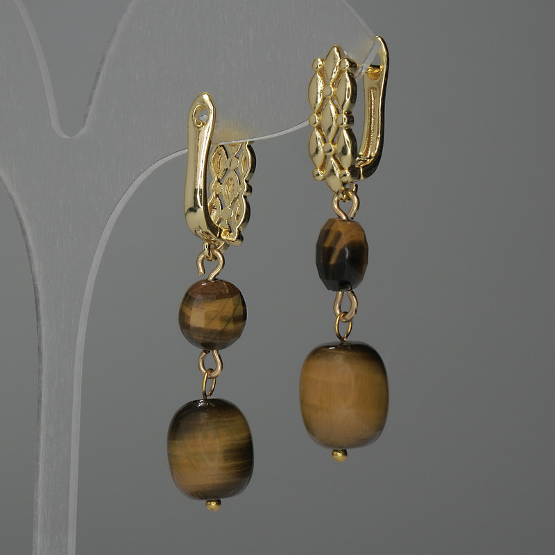 Tiger's Eye Bead Earrings, Barrel, diameter 12x10mm±, coin 8mm±, length 44mm±