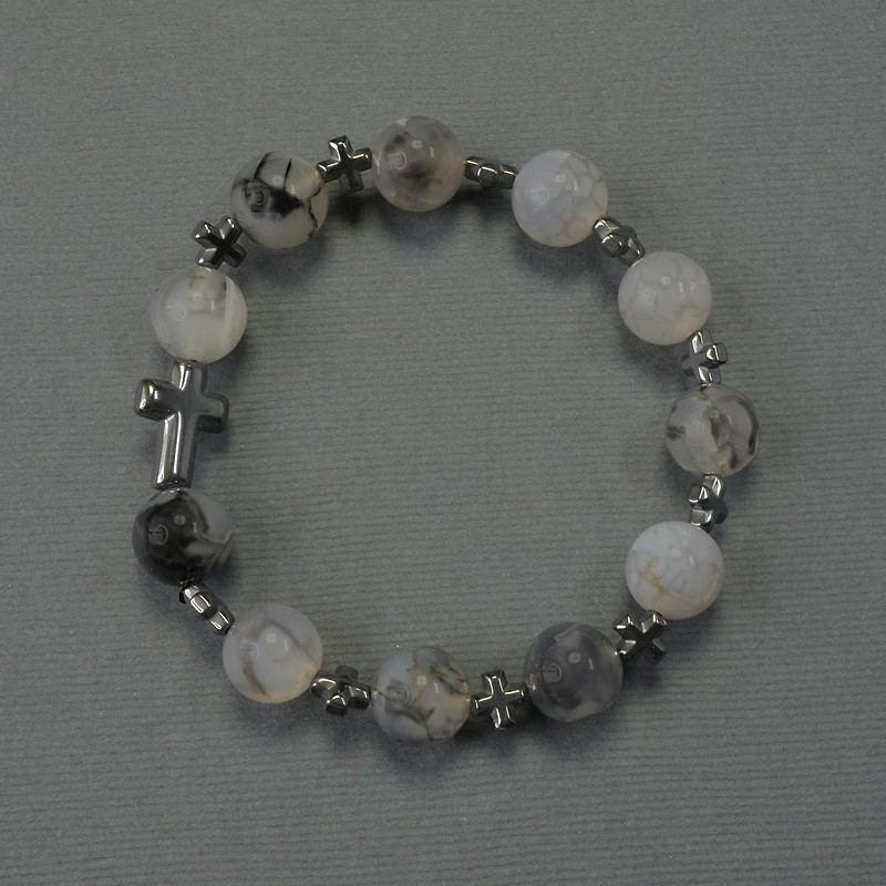 Agate Dragon Vein Bracelet Bead 10mm+ Reacted Hematite Cross 6x6mm+ and 14x10mm+-, length 18cm stretch