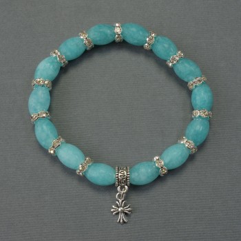 Aquamarine Bead Bracelet, diameter 12×8mm± with metal inlays, length 18cm±, stretch