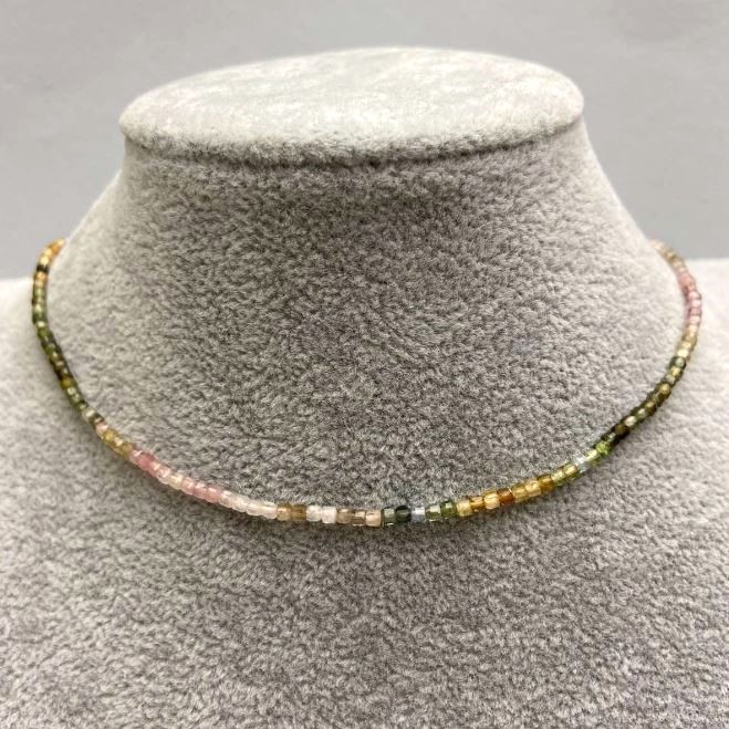 Turmaline Beads Faceted Cube 2mm±, length 42-47cm± with clasp and extension chain