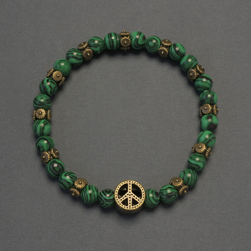 Malachite Bracelet with Smooth Beads, 6mm ± diameter, with filigree inserts, length 7.1 in ± (stretch)