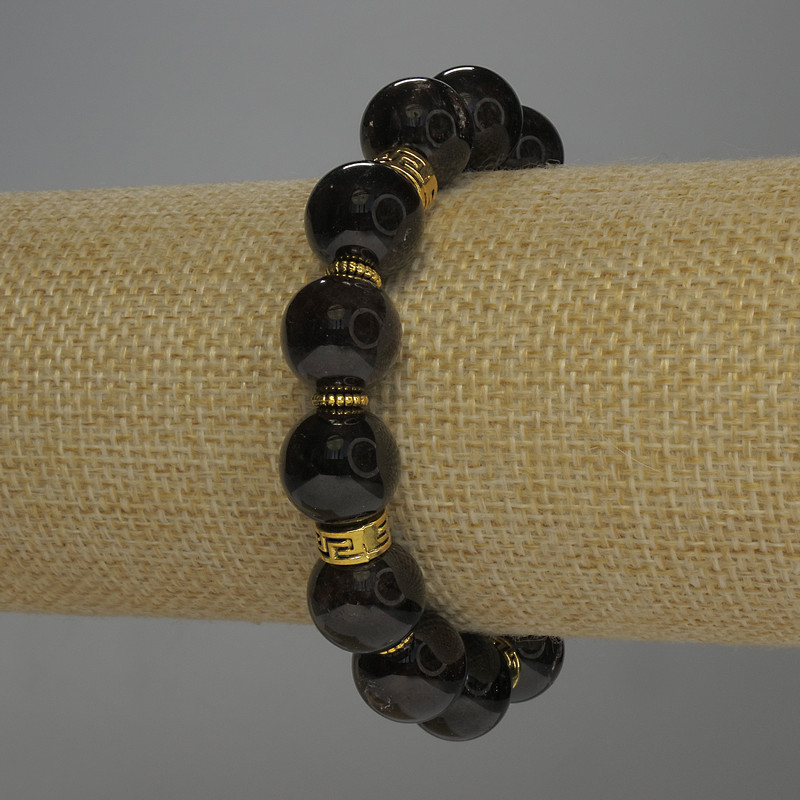 Garnet Bracelet, smooth round beads, 12mm diameter ± with metal inlays, length 18cm stretch
