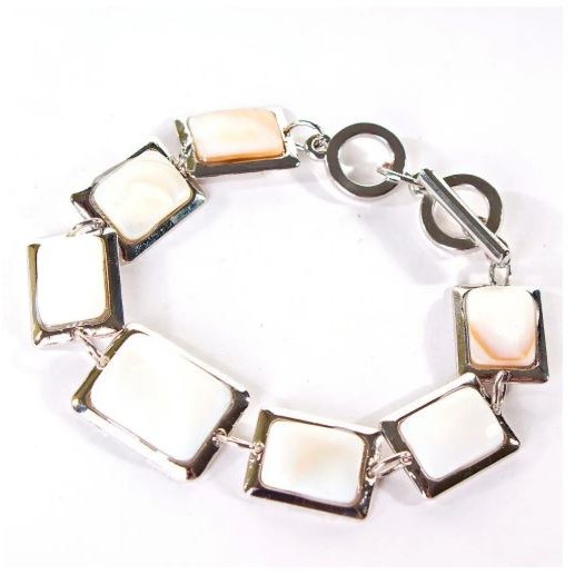 Clearance. Bracelet with Mother-of-Pearl, smooth bezel, rectangular stone 18×22 + 15×20 mm, length 18-21 cm