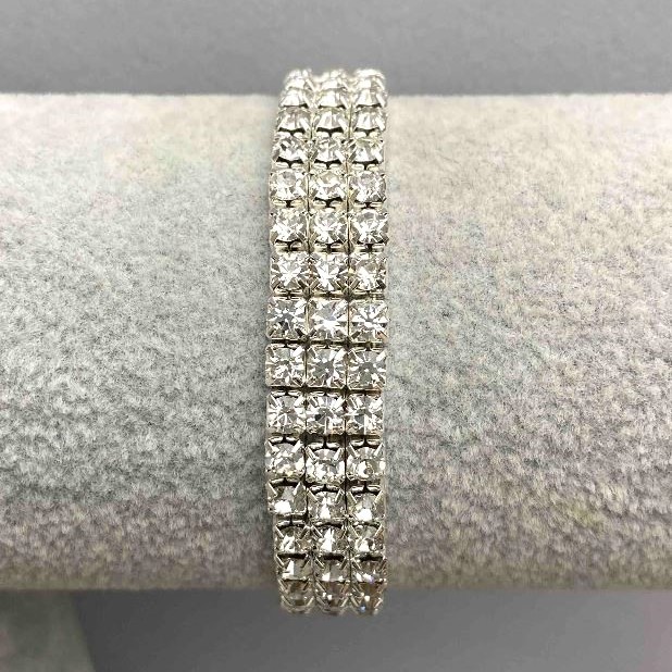 Three-row Stretch Bracelet with White Crystals and Shimmering Stones, 6.7 in (17 cm) circumference