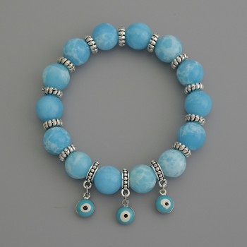 Larimar Bead Bracelet smooth sphere, 10mm± diameter with metal inlays, 18cm length stretch