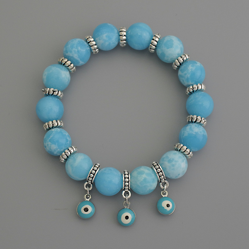 Larimar Bead Bracelet smooth sphere, 10mm± diameter with metal inlays, 18cm length stretch
