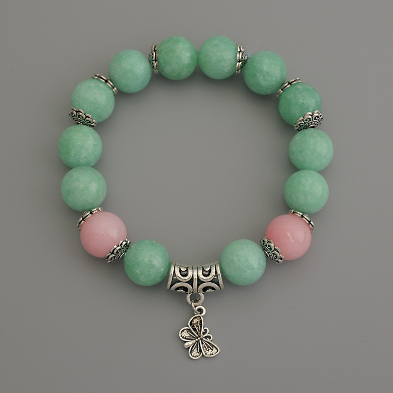 Bracelet Jadeite smooth beads, diameter 12mm± Pink quartz smooth beads 12mm± with metal inserts, length 18cm± stretch