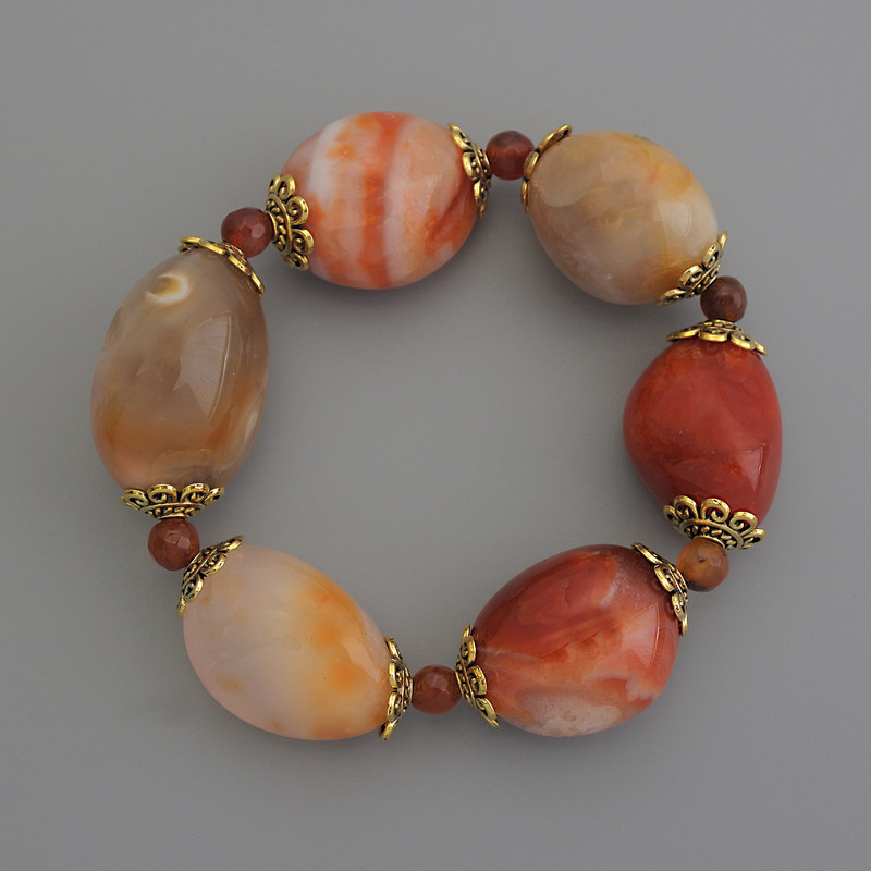 Sale! Carnelian Bracelet, faceted, 23x20mm+-, polished beads 6mm+-, length 18cm stretch