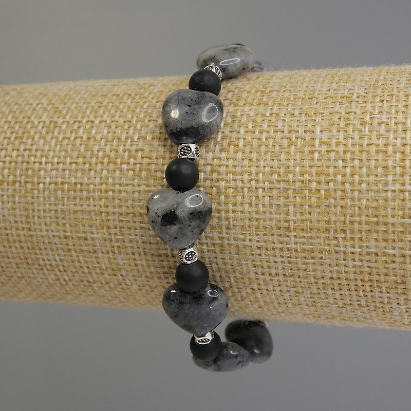 Labradorite Heart Bracelet, 12mm+ Diameter, 6mm Lava Shungite Beads+ with Metal Inlays, 18cm Stretch