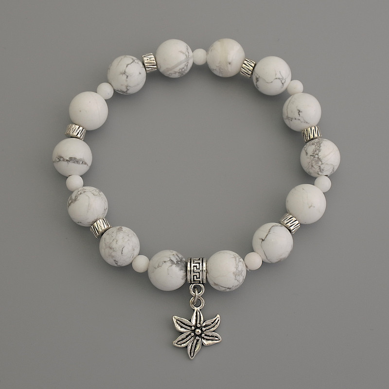 Howlite Bead Bracelet with Agate Beads, 10mm+- diameter, with metal inserts, length 18cm+- Stretch