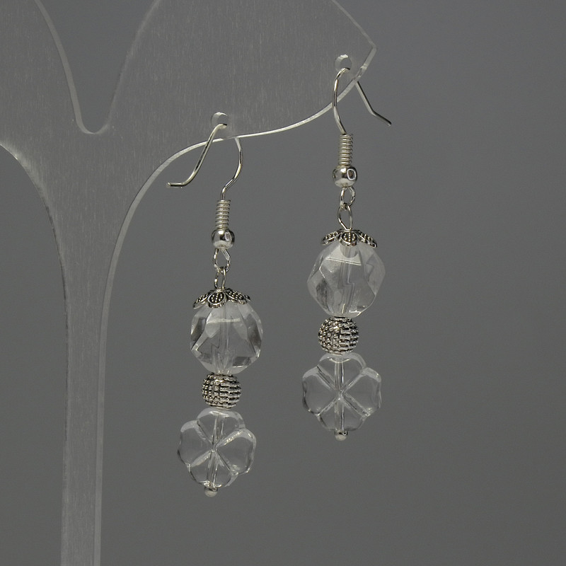 Earrings Mountain Crystal Faceted Stones, diameter 10x8mm+-clover 10mm+-, length 44mm+-