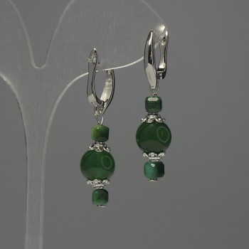 Green Chrysoprase Bead Earrings with Cat's Eye Cubed Accent, 10mm+- diameter, 4mm+- Cat's Eye Diamond-cut Cube, 40mm+- length