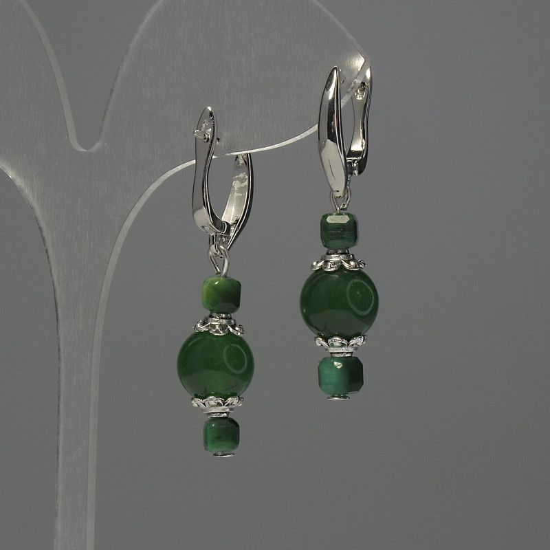Green Chrysoprase Bead Earrings with Cat's Eye Cubed Accent, 10mm+- diameter, 4mm+- Cat's Eye Diamond-cut Cube, 40mm+- length