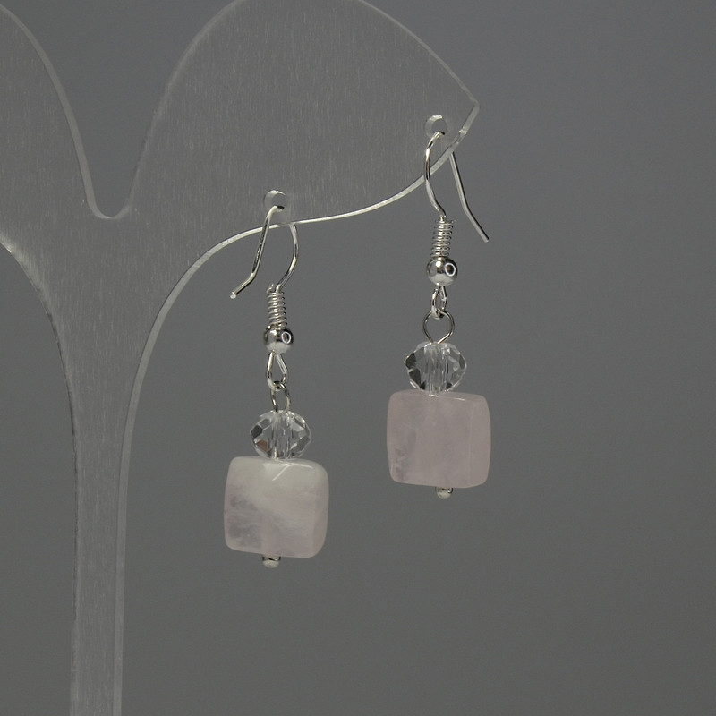Earrings Rose Quartz Rectangle 10x10mm+- Czech Crystal Faceted Rondelle 6x5mm+-, length 33mm+-