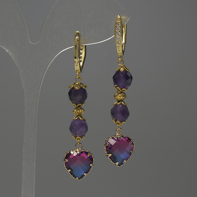 Amethyst Faceted Ball Earrings, 8mm diameter, with crystal in bezel 12mm, length 60mm
