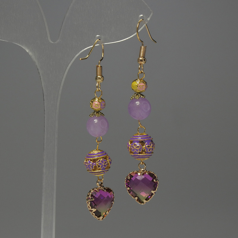 Earrings 'Lavender Amethyst' Bead, diameter 8mm±, Cloisonné 10mm±, crystal in setting 12mm±, length 65mm±