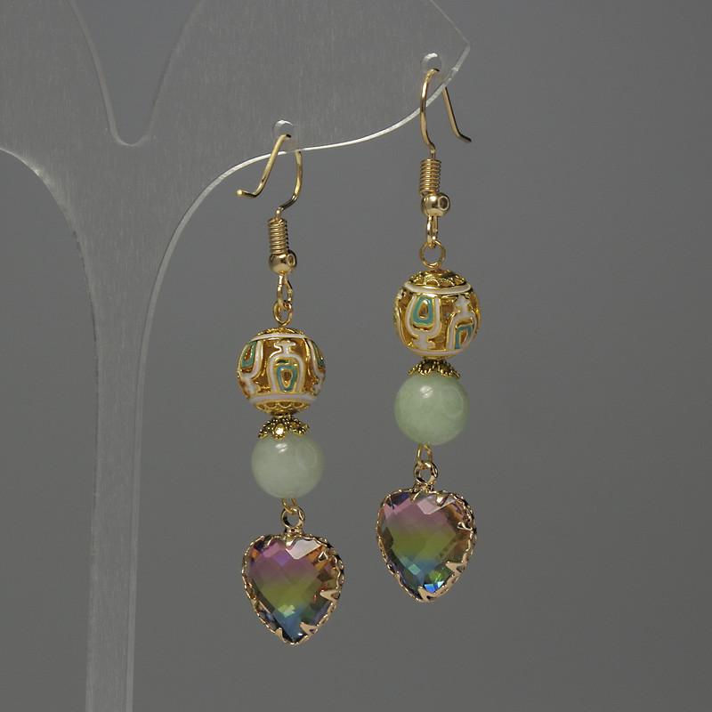 Earrings Jade Bead, diameter 7×5mm± Cloisonné 10mm± crystal in setting 12mm±, length 57mm±