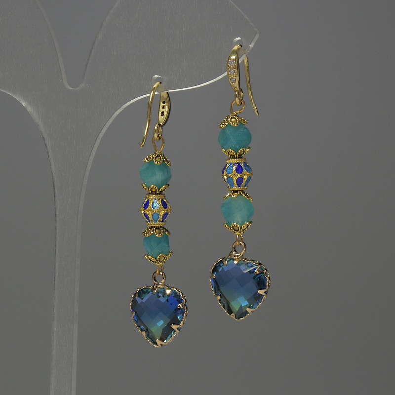 Aquamarine Beads Diamond-cut Diamond shape, diameter 7x5mm±, Cloisonné 7mm±, crystal in setting 12mm±, total length 50mm±