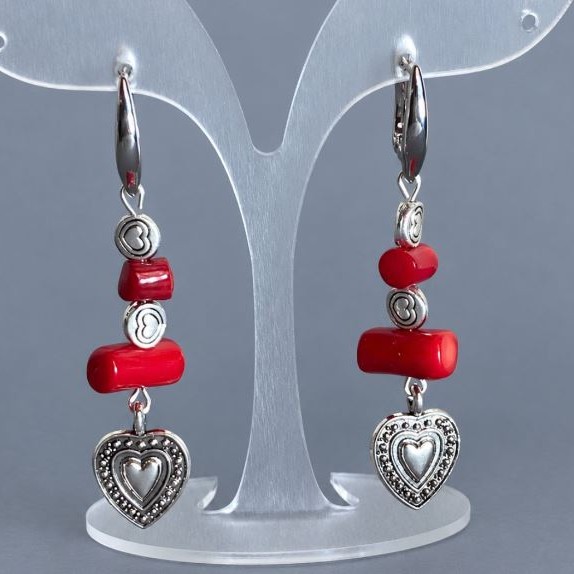 Coral Earrings with Metal Inlays, 57mm Length+