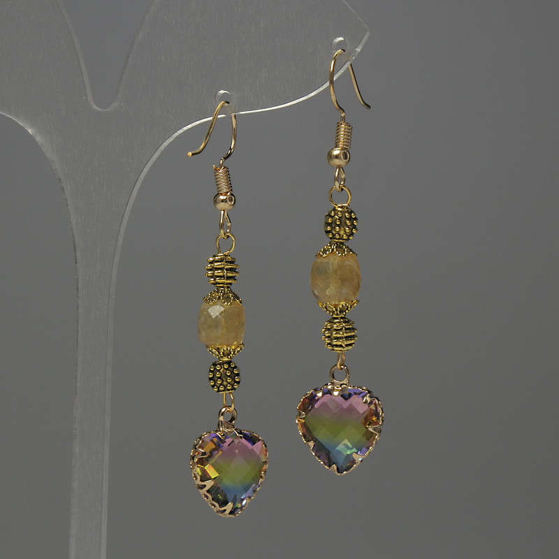 Cit​rine Faceted Cube Earrings, 7mm± Crystal Set in Bezel 12mm±, Length 58mm±