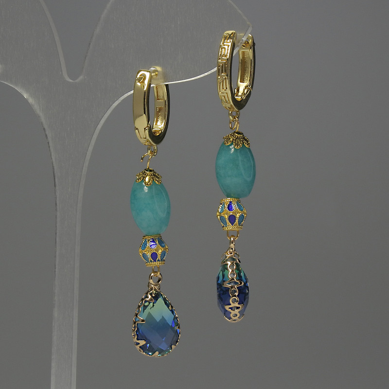 Aquamarine Bead Earrings with Cloisonné 12mm Bead, Cloisonné 6mm, Crystal in a 14x10mm Setting, Total Length 58mm