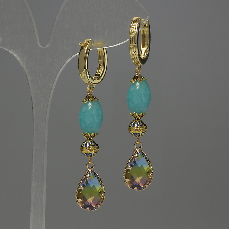 Earrings Aquamarine Grain, diameter 12mm± Clousonné 7mm± crystal in setting 14x10mm±, total length 58mm±