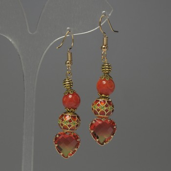 Earrings 'Coral' (piece) bead, diameter 8mm±, Cloisonné 10mm± crystal in setting 13mm±, total length 56mm±