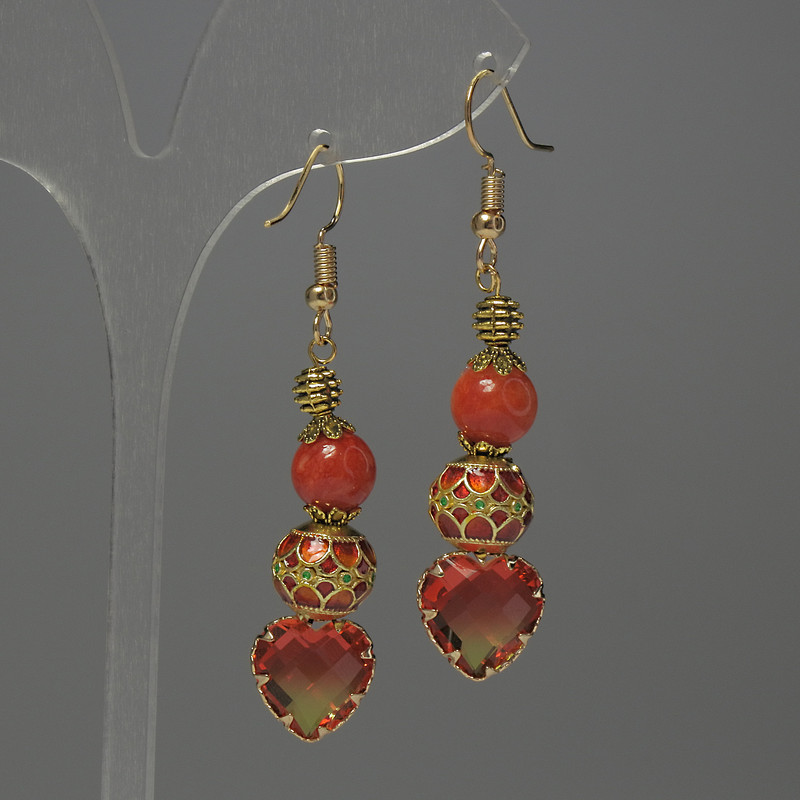 Earrings 'Coral' (piece) bead, diameter 8mm±, Cloisonné 10mm± crystal in setting 13mm±, total length 56mm±