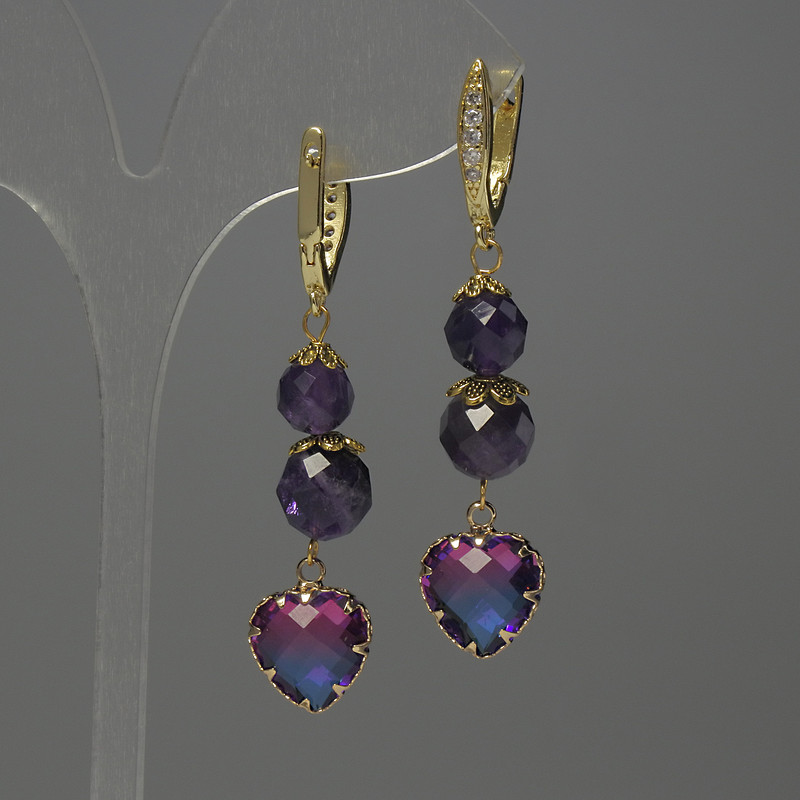 Amethyst Faceted Bead Earrings, 8–9 mm diameter, crystal in setting 12 mm, length 56 mm