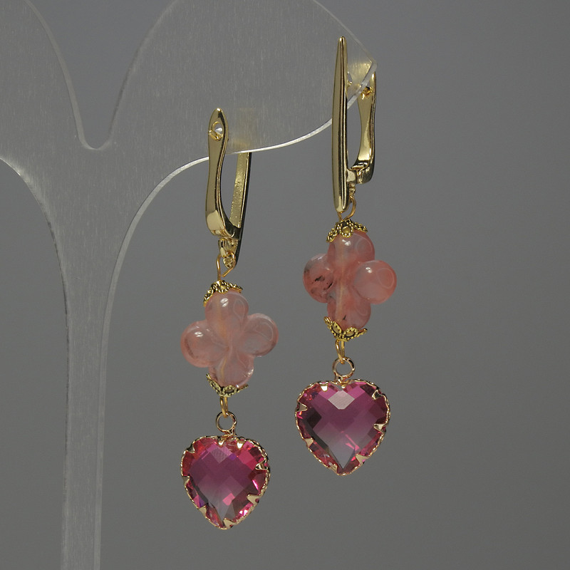 Earrings Chalcedony Clover, 13mm± diameter pink crystal set 13mm±, length 53mm±