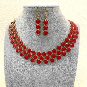 Set Necklace + Earrings Berry, Gold Metal and Red Gloss