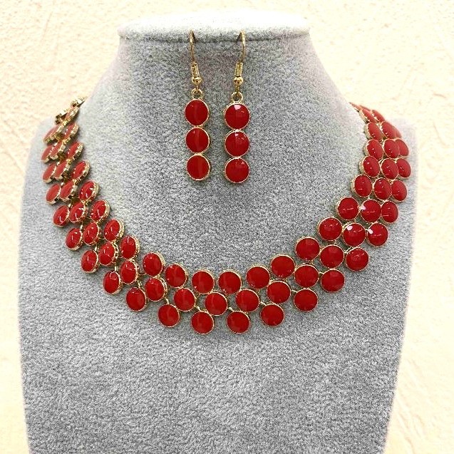 Set Necklace + Earrings Berry, Gold Metal and Red Gloss