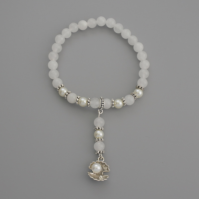 Bracelet White Quartz Smooth Sphere, diameter 6mm± with metal insets, length 18cm± stretch