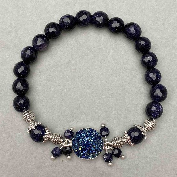 Aventurine Night Kaïra Bracelet - Faceted Bead, 8mm diameter ±, Geode 13mm±, length 18cm stretch