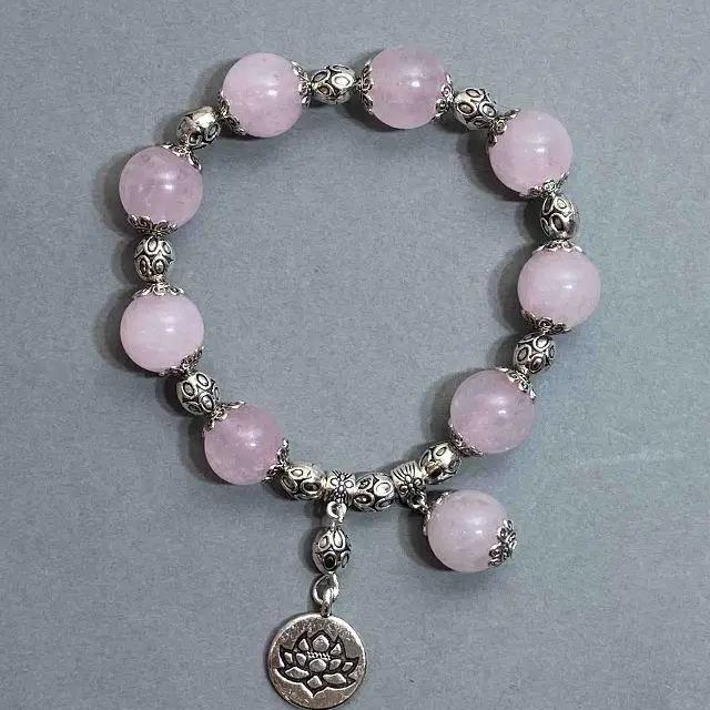 Bracelet Rose Quartz Bead, diameter 12mm± with metal inserts, length 18cm± stretch