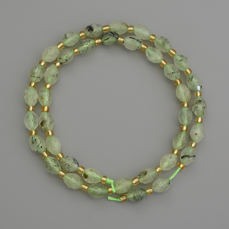 Prehnite Beads - Faceted Grain-shaped 8x6mm +- with 3mm+ beads, length 38cm+