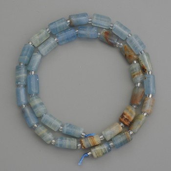 Blue Calcite Cylindrical Beads 10x6mm+- with 3mm+ Seed Beads on Thread, 40cm+ Length