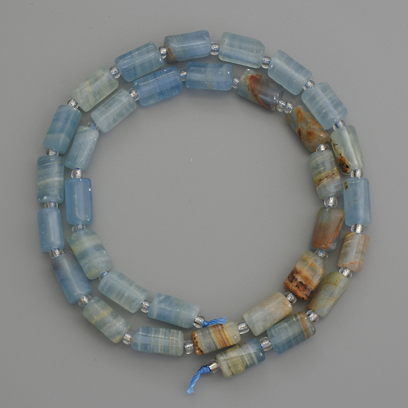 Blue Calcite Cylindrical Beads 10x6mm+- with 3mm+ Seed Beads on Thread, 40cm+ Length