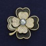 Shamrock Brooch with Pearl and White Rhinestones, Golden Metal, 38x45mm ± on Magnet
